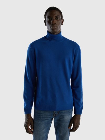 Dark Blue Men's Benetton Pure Merino Wool Turtleneck High Neck Sweaters | AU416488