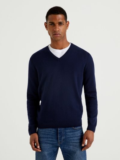 Dark Blue Men's Benetton Pure Merino Wool V-neck Sweaters | AU747020