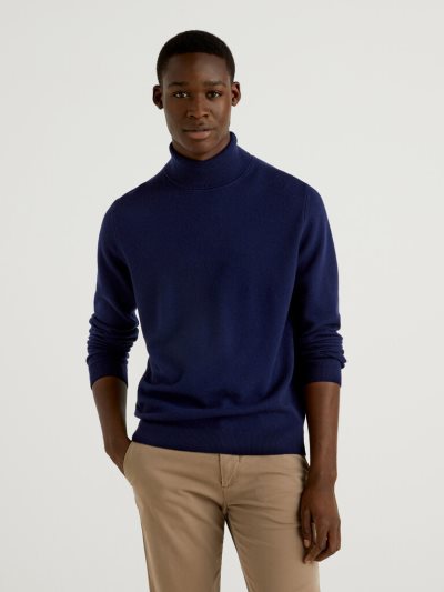 Dark Blue Men's Benetton Pure Merino Wool Turtleneck High Neck Sweaters | AU939286