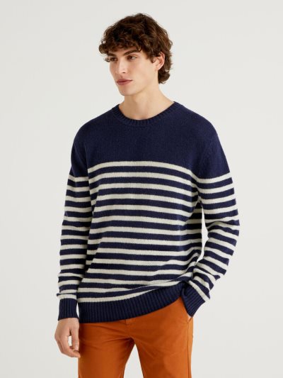 Dark Blue Men's Benetton Shetland Wool Crew Neck Sweaters | AU347352