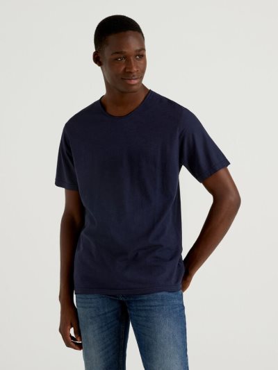 Dark Blue Men's Benetton Slub Cotton Short Sleeve T-shirts | AU648692