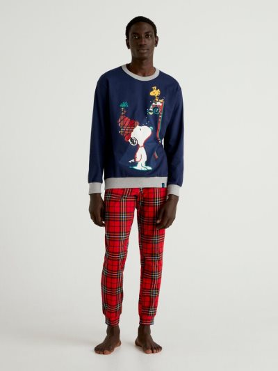 Dark Blue Men's Benetton Snoopy Warm Cotton Pyjamas | AU652900