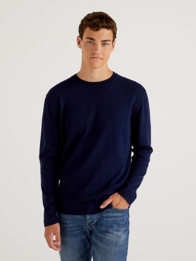 Dark Blue Men's Benetton Warm Cotton Crew Neck Sweaters | AU522000