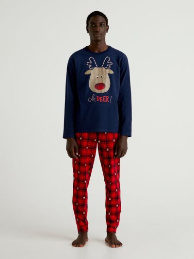 Dark Blue Men's Benetton Warm Reindeer Print Pyjamas | AU415934