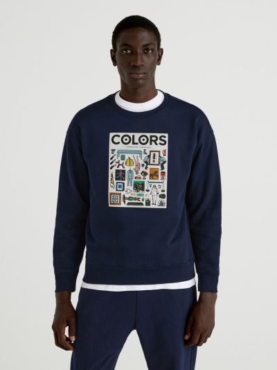 Dark Blue Men's Benetton Warm Relaxed Fit "Colors" Sweatshirt | AU296079