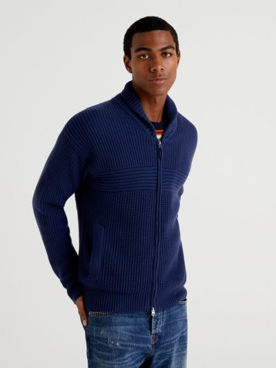 Dark Blue Men's Benetton Wool Blend Zip Cardigan | AU933269