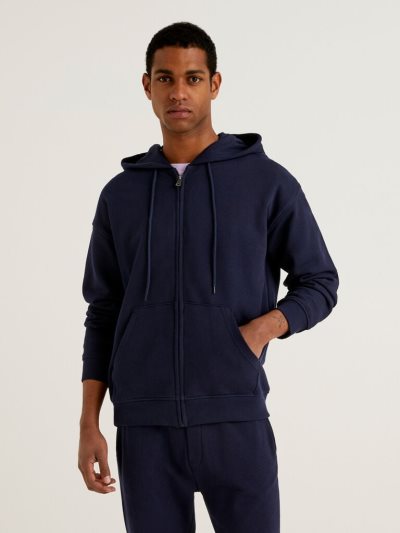 Dark Blue Men's Benetton Zip-up Cotton Hoodie | AU277333