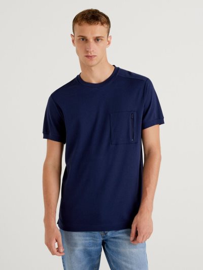 Dark Blue Men's Benetton Zipped Pocket Short Sleeve T-shirts | AU749614