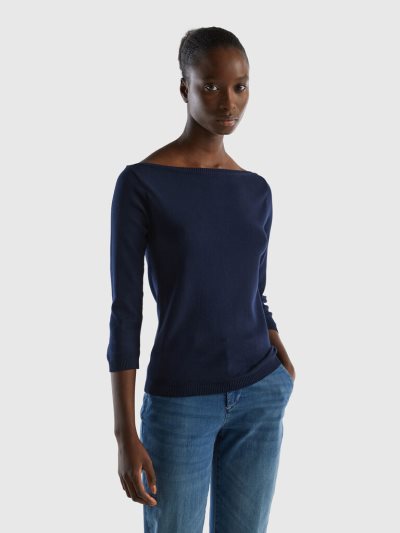 Dark Blue Women's Benetton 100% Cotton Boat Neck Sweaters | AU702408