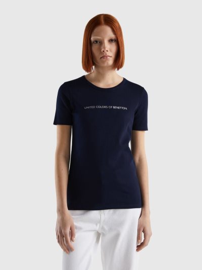 Dark Blue Women's Benetton 100% Cotton Glitter Print Logo Short Sleeve T-shirts | AU532841