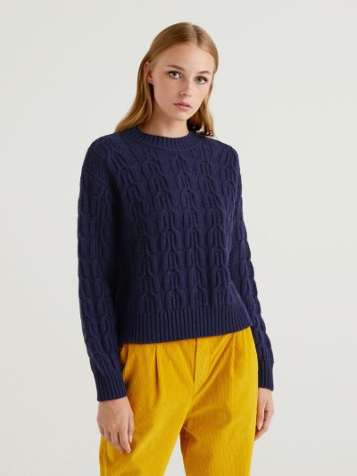 Dark Blue Women's Benetton Boxy Fit Knit Crew Neck Sweaters | AU275232