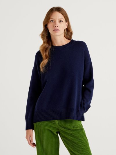 Dark Blue Women's Benetton Boxy Fit Wool Blend Crew Neck Sweaters | AU385726