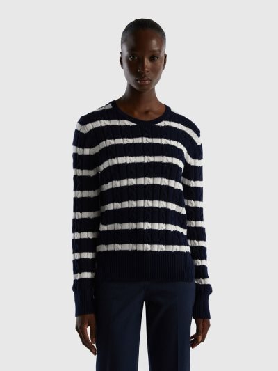 Dark Blue Women's Benetton Cable Knit 100% Cotton Crew Neck Sweaters | AU774671