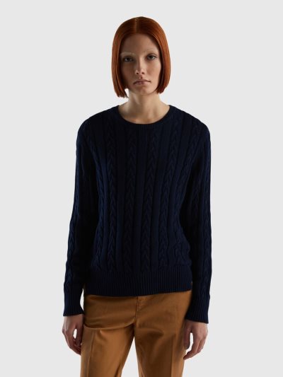 Dark Blue Women's Benetton Cable Knit 100% Cotton Crew Neck Sweaters | AU874098