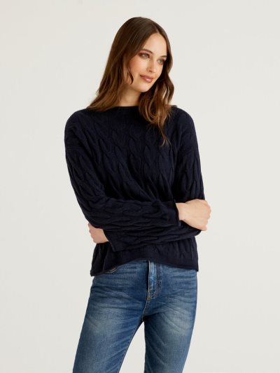 Dark Blue Women's Benetton Cable Knit High Neck Sweaters | AU507332