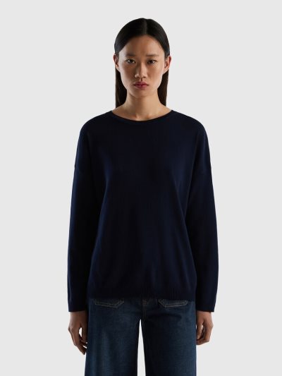 Dark Blue Women's Benetton Cotton Round Neck Sweaters | AU879601