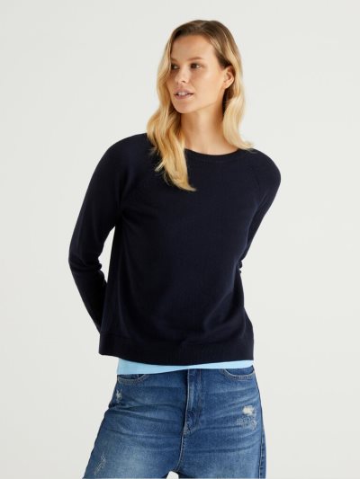 Dark Blue Women's Benetton Crew Neck Cashmere And Wool Blend Sweaters | AU389795