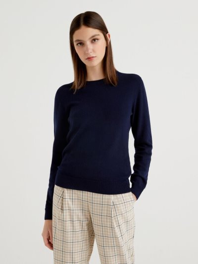 Dark Blue Women's Benetton Crew Neck Merino Wool Sweaters | AU938495