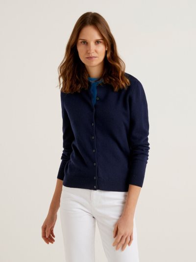 Dark Blue Women's Benetton Crew Neck Pure Merino Wool Cardigan | AU250659