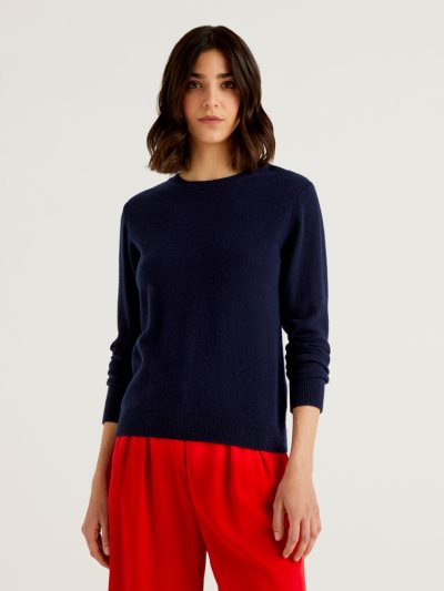 Dark Blue Women's Benetton Crew Neck Pure Cashmere Sweaters | AU462625