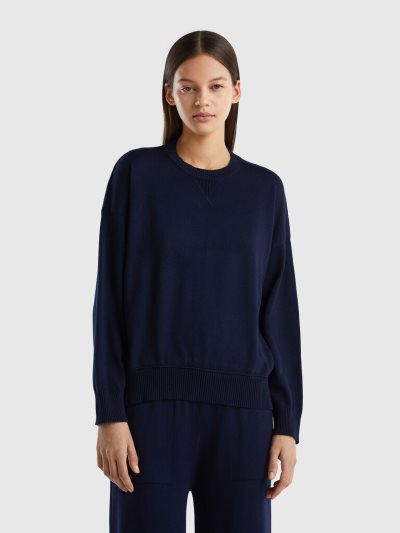 Dark Blue Women's Benetton Crew Neck Tricot Cotton Sweaters | AU423665