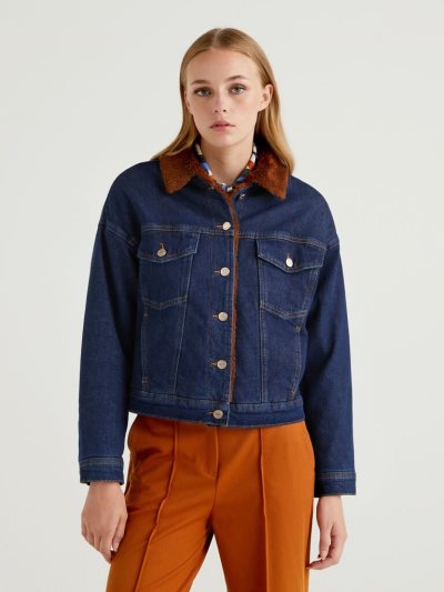 Dark Blue Women's Benetton Denim Look Cropped Light Jackets | AU125722