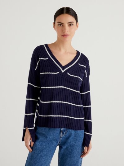 Dark Blue Women's Benetton Double Fit V-neck Sweaters | AU749543