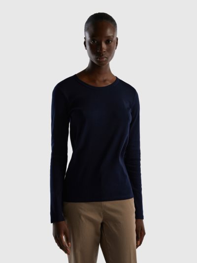 Dark Blue Women's Benetton Long Sleeve Pure Cotton T Shirts | AU776210