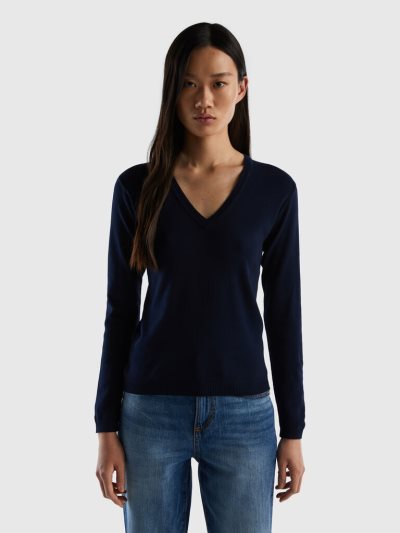 Dark Blue Women's Benetton Pure Cotton V-neck Sweaters | AU760162