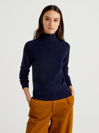 Dark Blue Women's Benetton Pure Merino Wool Turtleneck High Neck Sweaters | AU373476