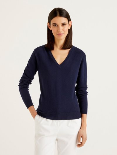 Dark Blue Women's Benetton Pure Merino Wool V-neck Sweaters | AU940281