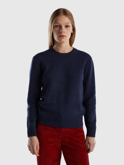 Dark Blue Women's Benetton Pure Shetland Wool Crew Neck Sweaters | AU975560