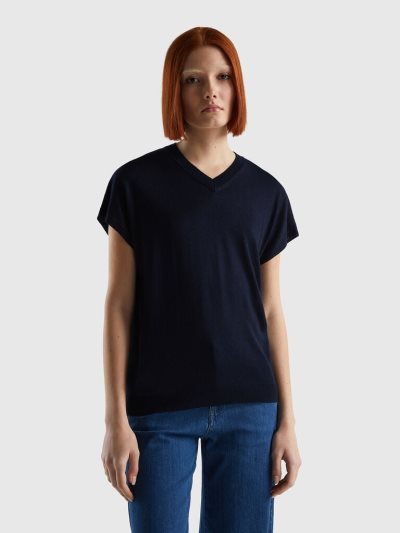 Dark Blue Women's Benetton Short Sleeve Viscose Blend Sweaters | AU485494