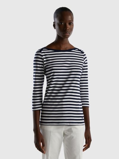 Dark Blue Women's Benetton Striped 3/4 Sleeve 100% Cotton T Shirts | AU463845