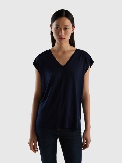 Dark Blue Women's Benetton Sustainable Stretch Viscose Short Sleeve T-shirts | AU079436