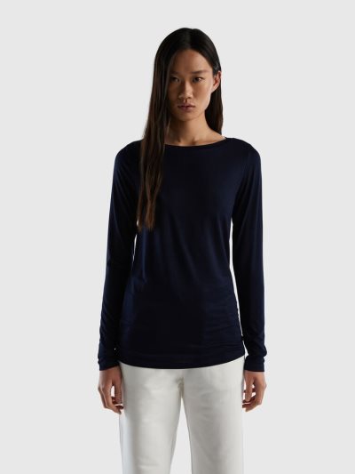 Dark Blue Women's Benetton Sustainable Stretch Viscose Long Sleeve T-shirts | AU385970