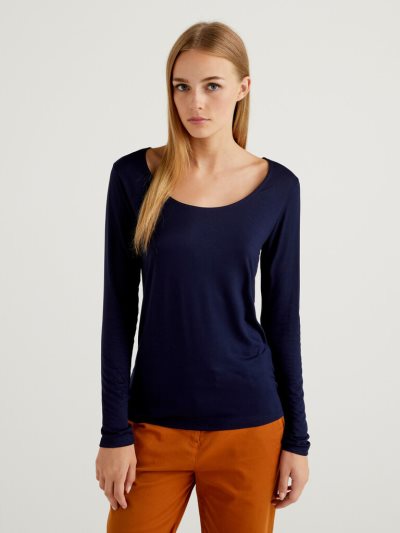 Dark Blue Women's Benetton Sustainable Stretch Viscose Long Sleeve T-shirts | AU418027