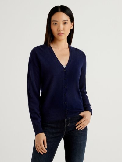 Dark Blue Women's Benetton V-neck Pure Merino Wool Cardigan | AU107090