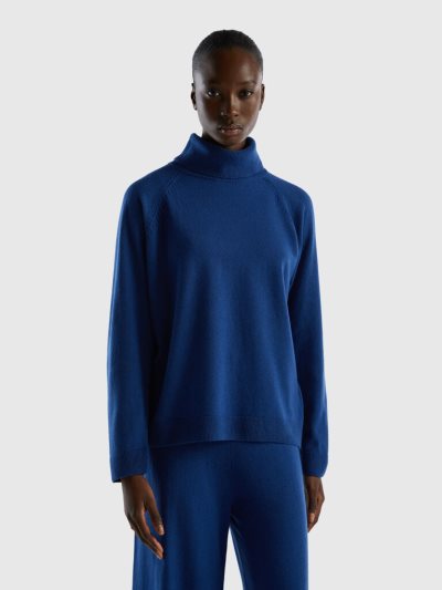 Dark Blue Women's Benetton Wool And Cashmere Blend Turtleneck High Neck Sweaters | AU455431