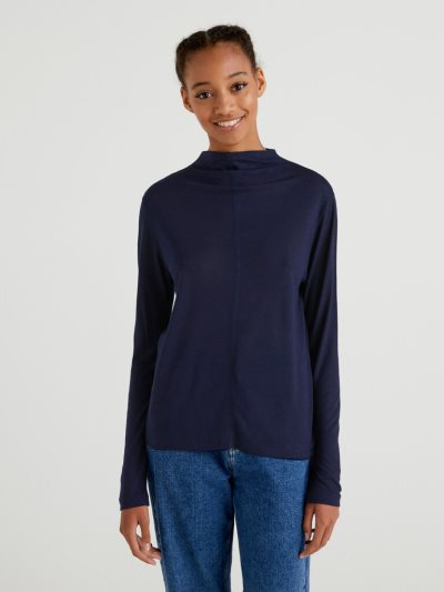 Dark Blue Women's Benetton Wool And Viscose Blend Long Sleeve T-shirts | AU066797