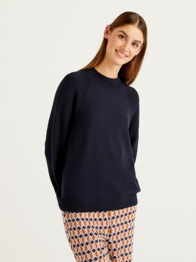 Dark Blue Women's Benetton Wool Blend Turtleneck High Neck Sweaters | AU429169