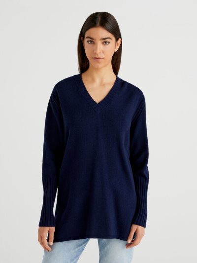 Dark Blue Women's Benetton Wool Blend V-neck Sweaters | AU084311