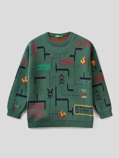 Dark Green Kids' Benetton Patterned Crew Neck Sweaters | AU119413