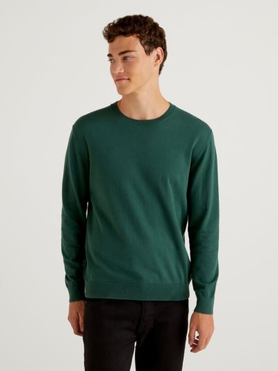 Dark Green Men's Benetton Crew Neck Lightweight Cotton Blend Sweaters | AU843198