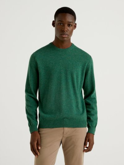 Dark Green Men's Benetton Crew Neck Pure Merino Wool Sweaters | AU247516