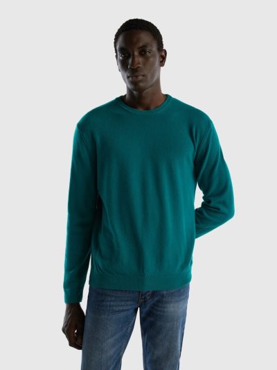 Dark Green Men's Benetton Crew Neck Pure Merino Wool Sweaters | AU494422