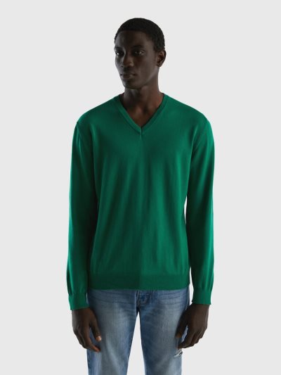 Dark Green Men's Benetton Pure Cotton V-neck Sweaters | AU627489