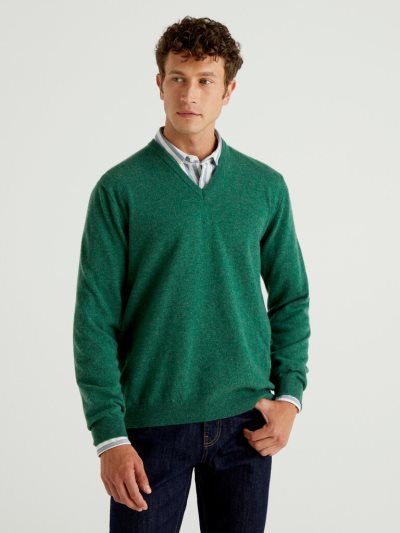 Dark Green Men's Benetton Pure Merino Wool V-neck Sweaters | AU120890