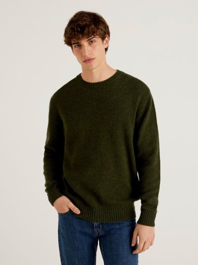 Dark Green Men's Benetton Shetland Wool Crew Neck Sweaters | AU044200