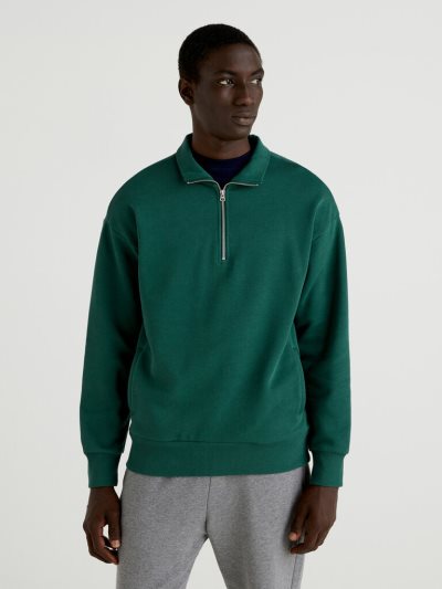 Dark Green Men's Benetton Warm High Neck Zip Sweatshirt | AU826294